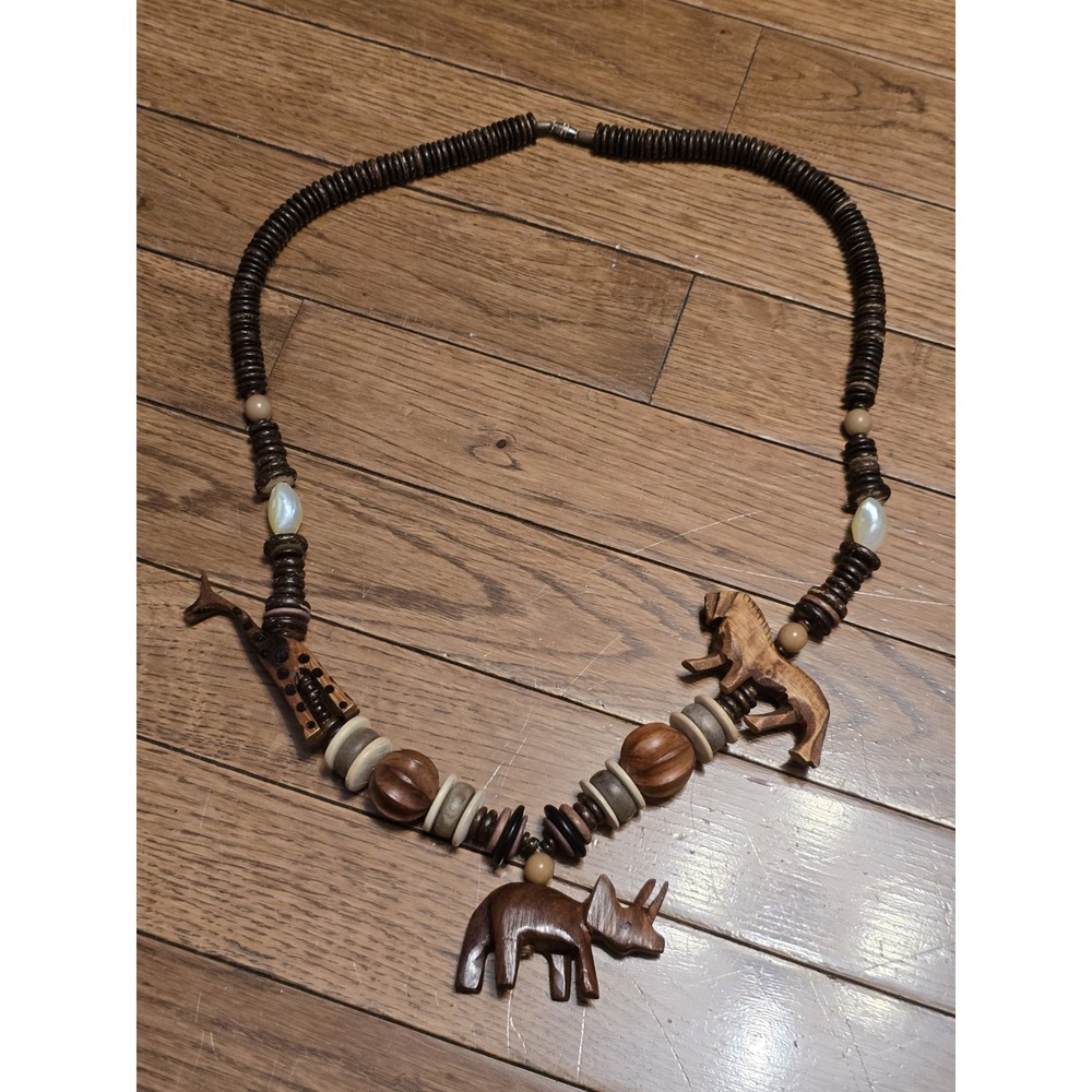 Vintage Hand Crafted Wooden Safari with  African Animal Necklace
